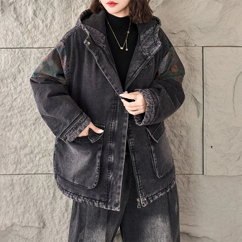 قداس واس الشتاء المطبوعة الدافئة الدنيم مقنعين معاطف المرأة عارضة الأزياء الكلاسيكية مبطن الستر السيدات خمر رشاقته سترات