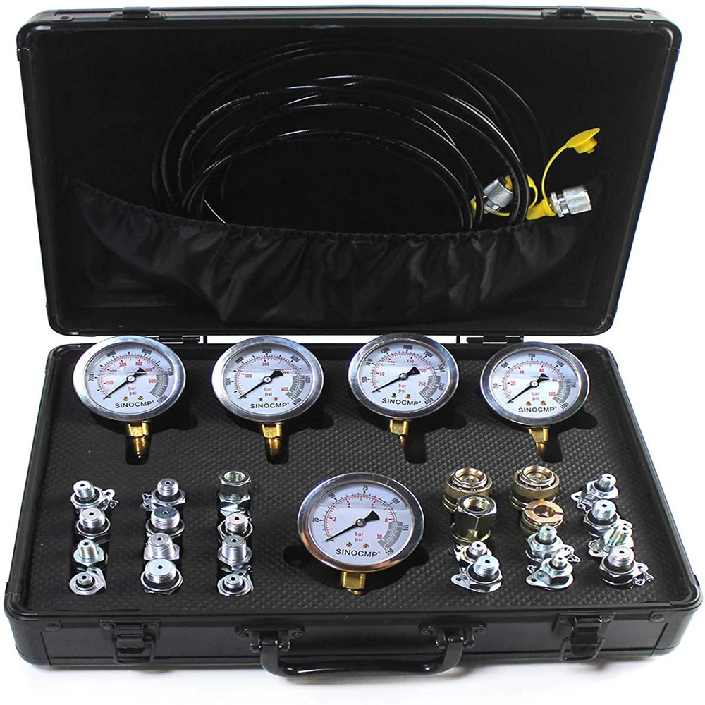 

Hydraulic Pressure Gauge Test Kit w/ 5 Gauges 3 Test Hoses and 24 Couplings for CAT Komatsu Parts