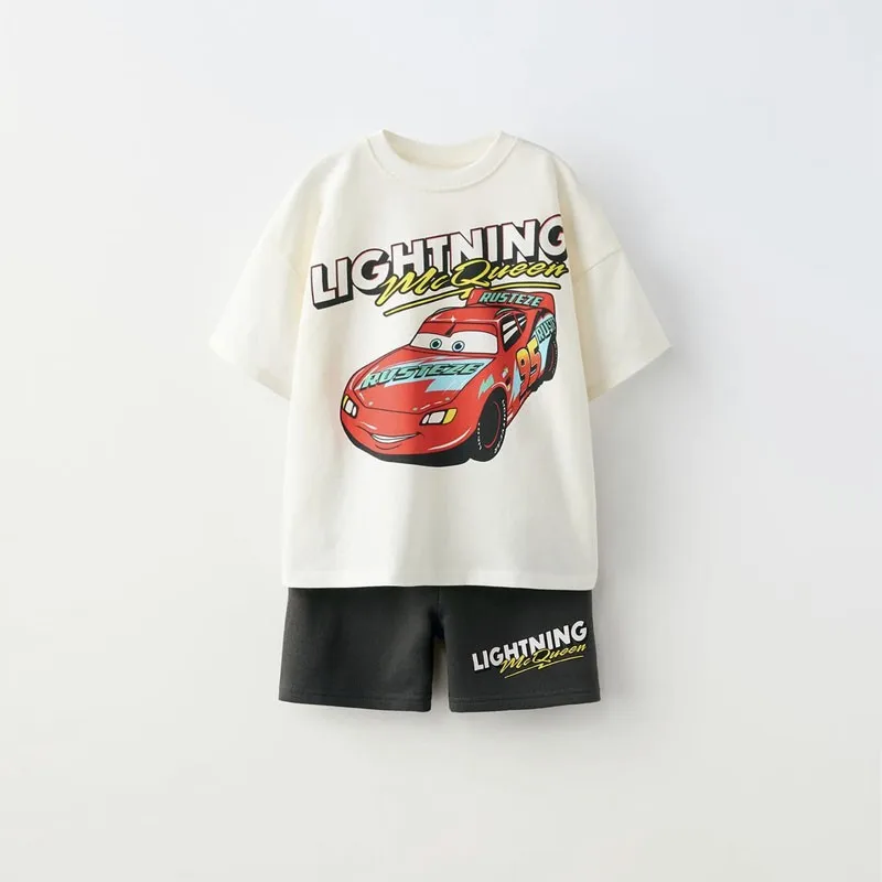 Disney Lightning Mcqueen Short Sleeve+shorts Children\'s Set Boys And Girls Fashion Clothing Baby Summer Casual Sportswear