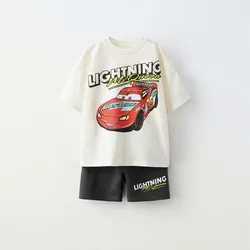 Disney Lightning Mcqueen Short Sleeve+shorts Children's Set Boys And Girls Fashion Clothing Baby Summer Casual Sportswear