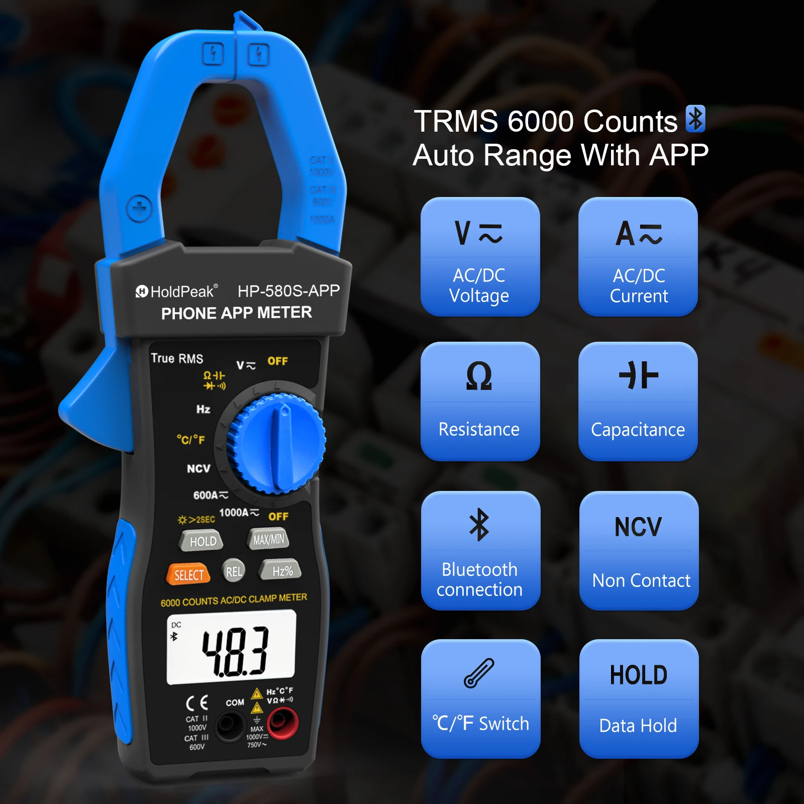 HoldPeak HP-580S-APP True RMS Clamp Meter, 6000 Counts, APP Connect, 1000A AC/DC, Voltage, Resistance, Temperature, Continuity