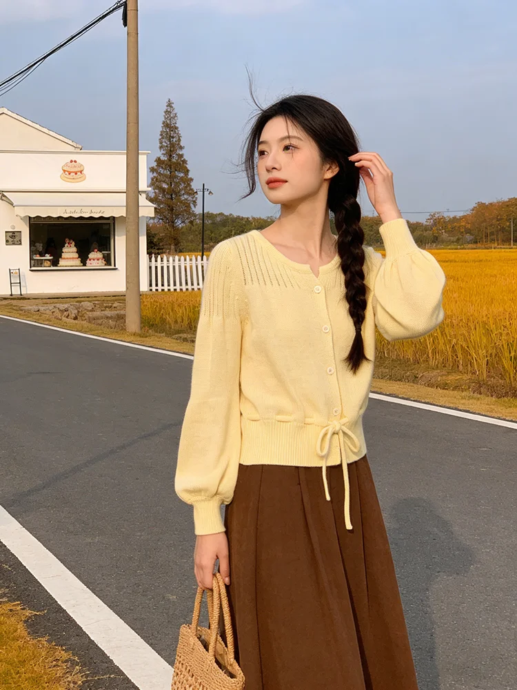 Women's Knitted Cardigan Waist-Cinching Lantern Sleeve Drawstring Anti-Aging Slimming Yellow Top Casual Style round Neck Long...