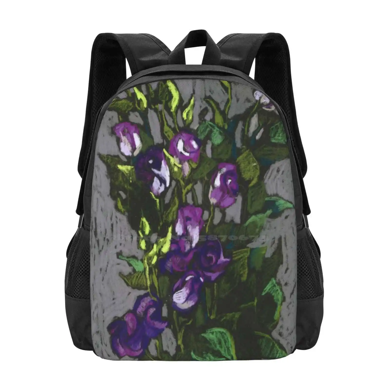 Violet Flowers In A Bunch Hot Sale Schoolbag Backpack Fashion Bags Still Life Soft Pastel Strokes Flowers Plant Grass Bloom