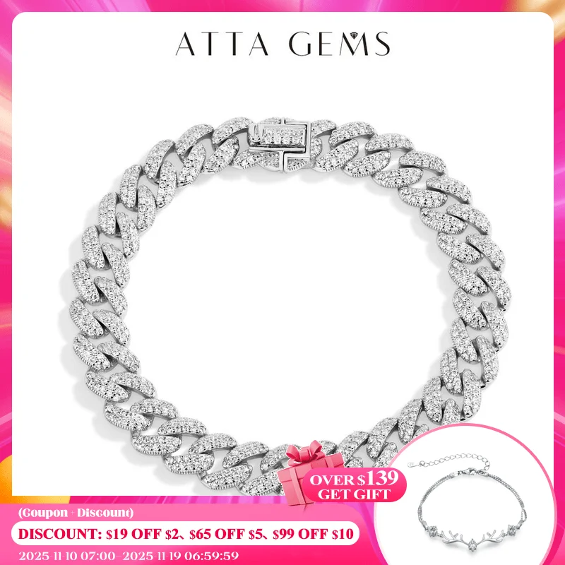 

ATTAGEMS DVVS1 Полная муассанитовая куба-цепочка для мужчин и женщин, стерлинговое серебро 925 пробы, позолоченный 18 карат, теннисный браслет в стиле хип-хоп, ювелирные украшения