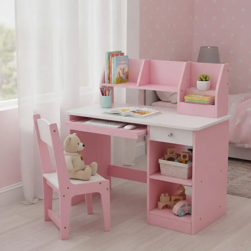 Chaise de bureau ergonomique pour enfants avec clavier coulissant, tiroir, niches et étagères ouvertes 90 x 45 x 90 cm rose