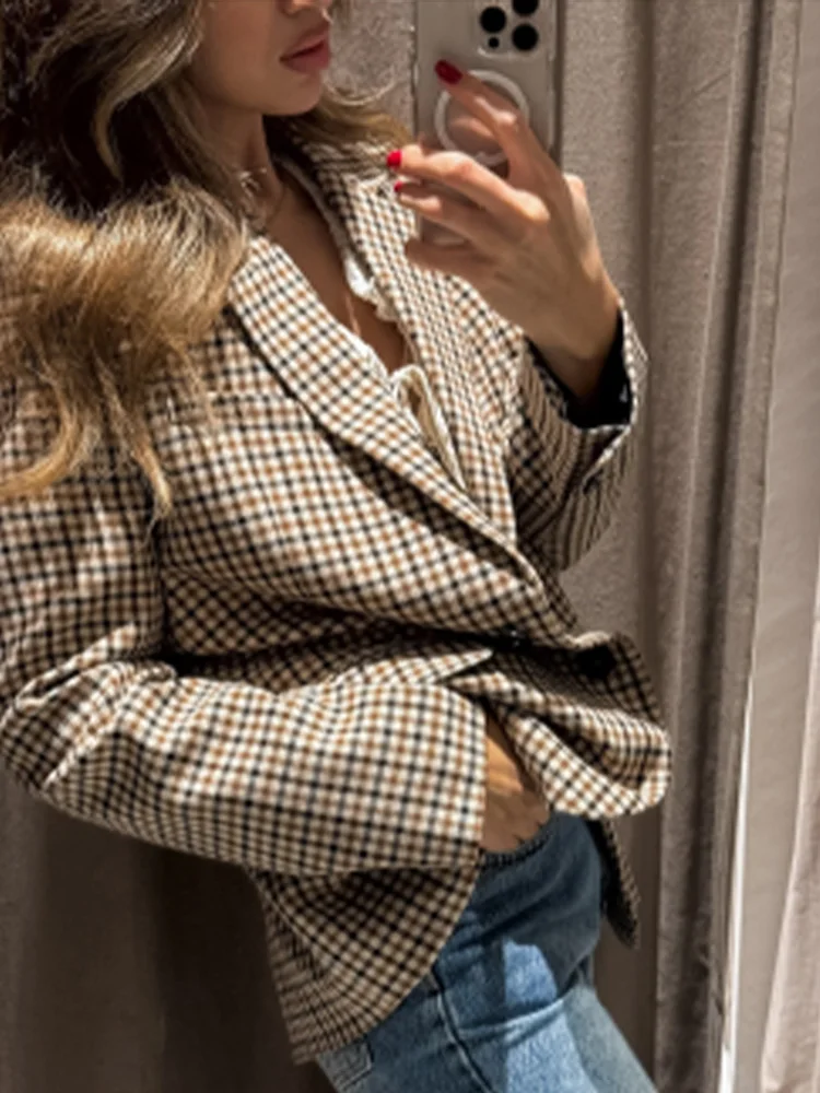 

HH Women Elegant Plaid Autumn 2-Piece Set Long Sleeve Single-breasted Turn-down Collar Blazer+Pockets Zipper Wide-leg Pants