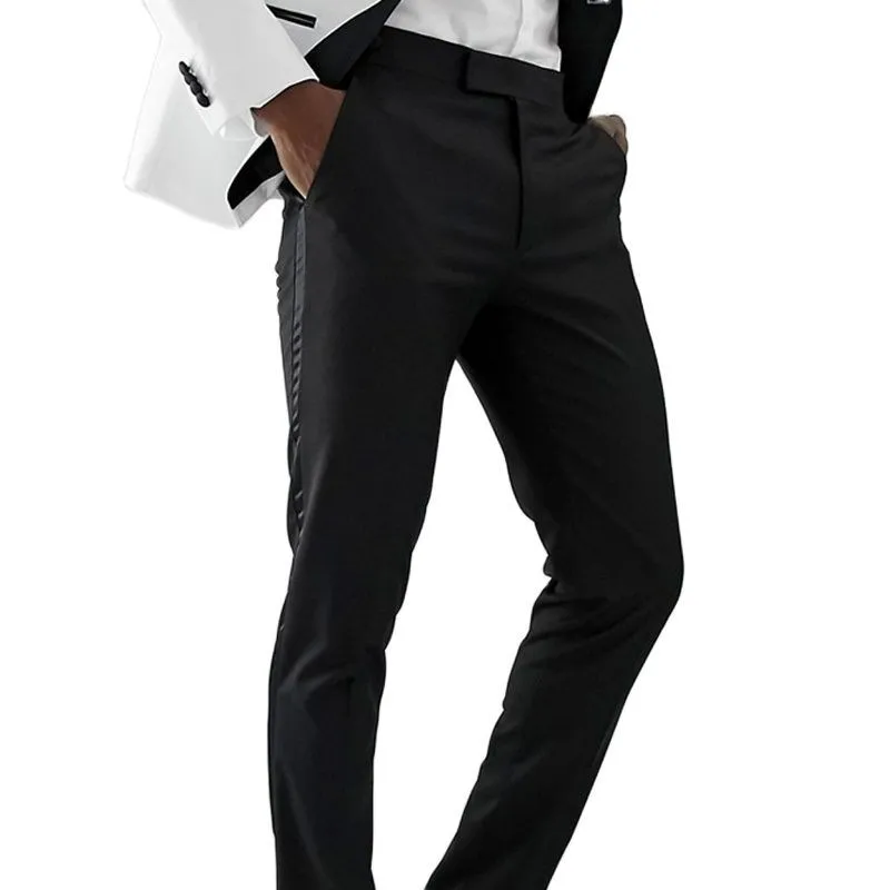 Black Men Pants With Side Satin Stripe One Piece Slim Formal Fit Wedding Evening Office Business Casual Tuxedos Male Pants