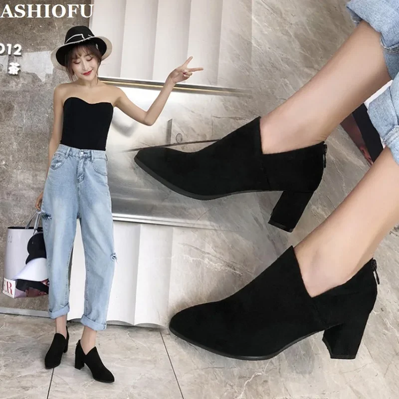 ASHIOFU Handmade New Ladies Chunky Heels Pumps All-Matches Low-cut Solid Color Summer Simple Style Evening Fashion Dress Shoes