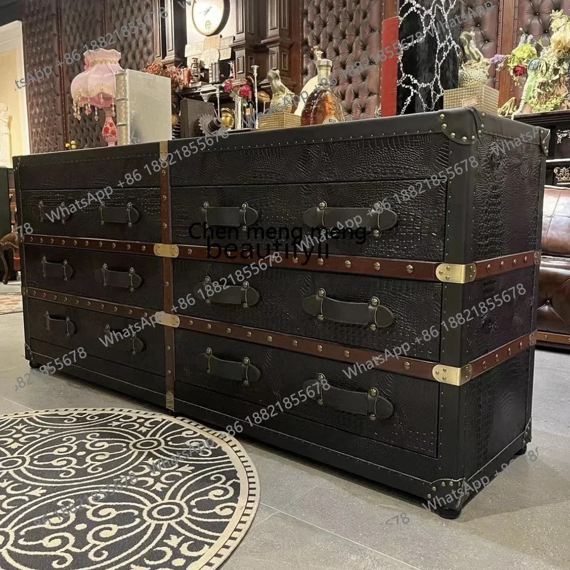 New arrive  American light luxury crocodile pattern premium bucket cabinet leather dining side cabinet living room locker