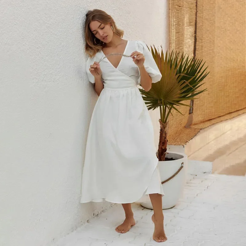 Elegant 100% Cotton Belted Mid-Sleeve Maxi Dress Spring Summer New Puff Sleeve Cocktail Dress Fashion Women's Evening Dress