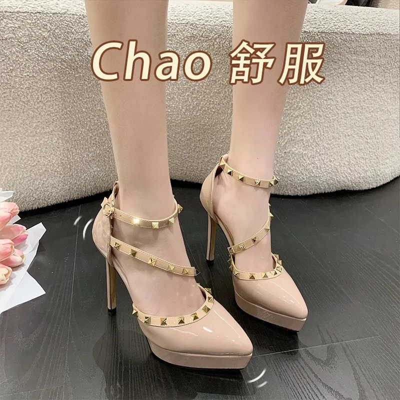 New Fashion Summe Women's Sandals Pointed Toe 12.5CM Thin Heels Buckle Strap Waterproof Platform Rivet Women Office Work Shoe