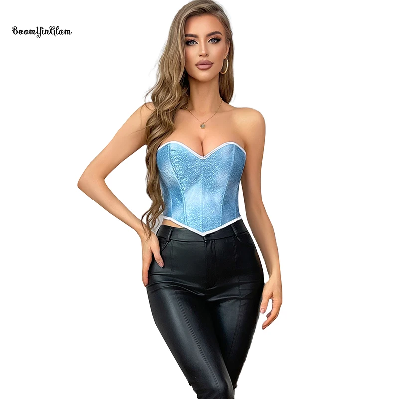 Plus Size S-xxl 12 Fish Bone Summer Cropped Top Zip Up Women's Strapless Corselet Blue Sequined Corset With Zipper