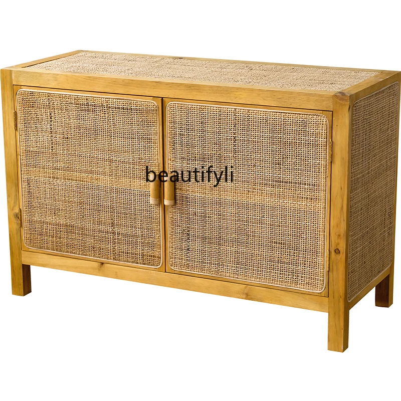 

Nordic Solid Wood Sideboard Japanese Simple Modern Rattan Storage Small Apartment Living Room Entrance Tea Cabinet