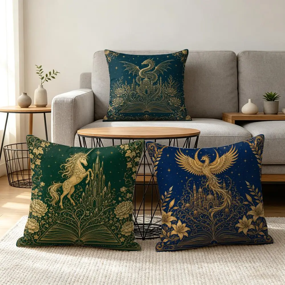Golden Fantasy Tale Cushion Cover Summer Linen Pillow Case Organic Fabric Cushion Cover Double-Sided Print Sofa Home Decor
