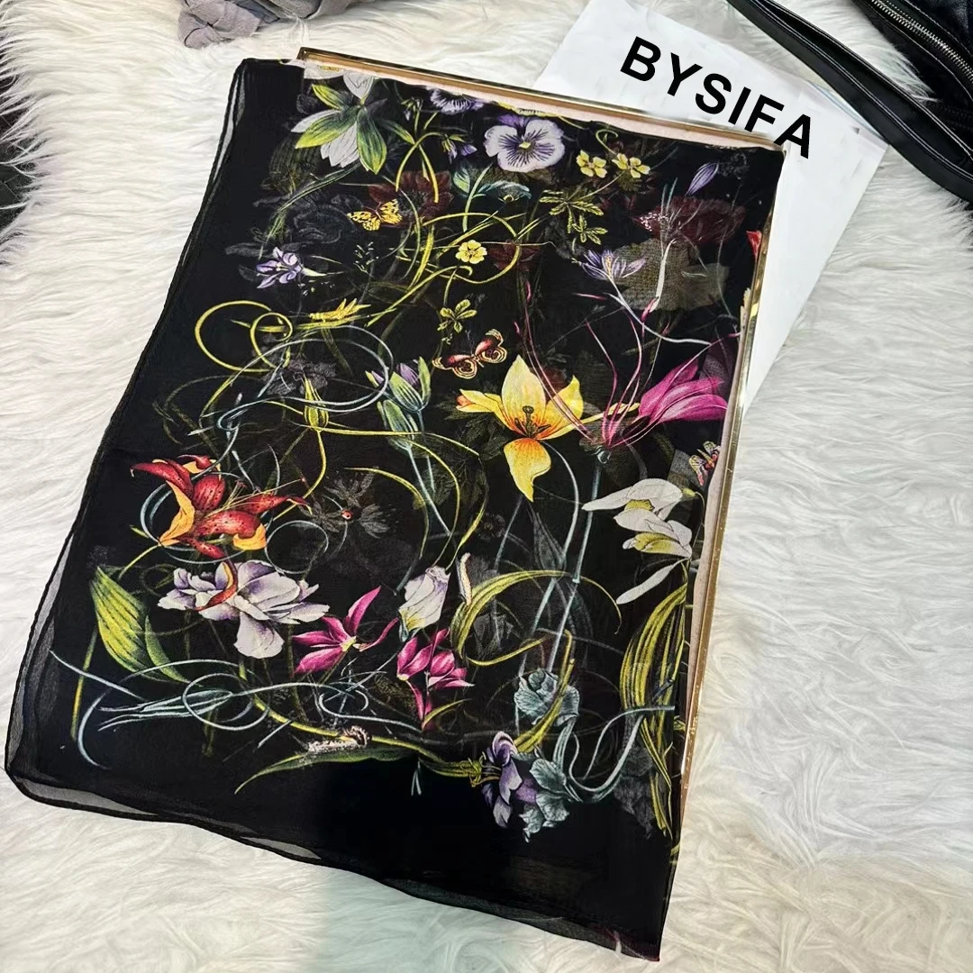 BYSIFA|New Black Pure Silk Women's Scarf Shawl Fall Winter Fashion Elegant Floral Long Scarves Wraps Summer Beach Shawls Foulard