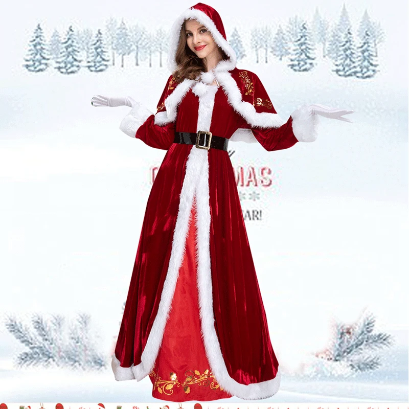 Christmas Santa Claus Cosplay Costume Adult Women Dress Hat Suit Man Role Play Outfit Uniform Xmas Full Set