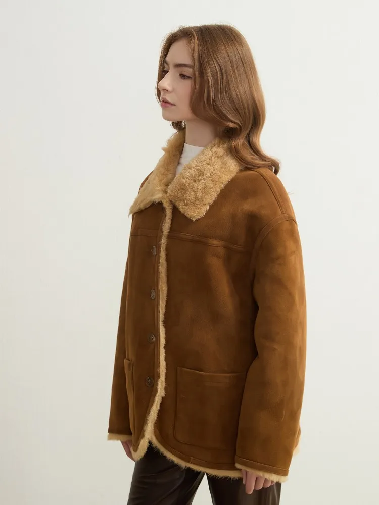 Women Double Sided Suede Wool Fur Integrated Turndown Collar Single Breasted Straight Long Sleeves Winter Warm Shearling Coat