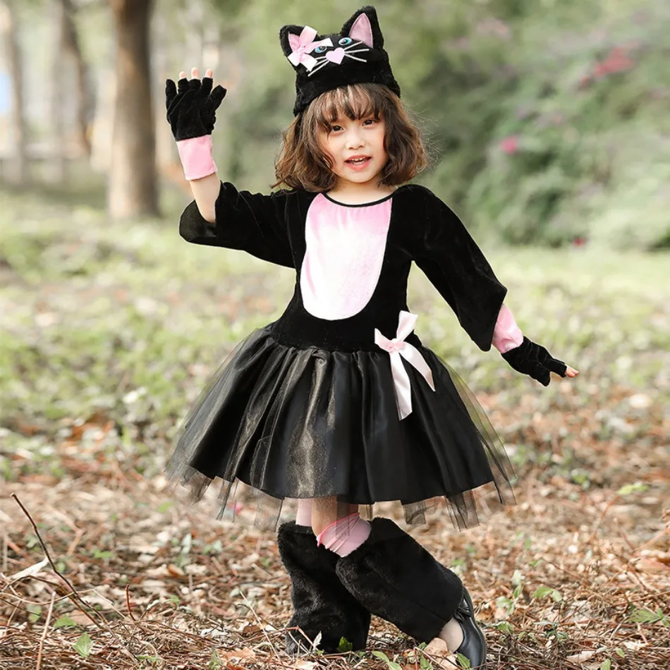 Cutie Pink Black Cat Dress Up Costume Kitten Kitty Dress for Girls Child Fancy Halloween Carnival Party New Year Dress Up PS66