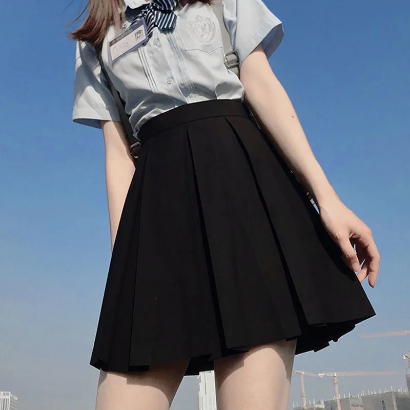 New Original Japanese High School Student Girls Basic Solid Color Box Pleated Skirt Preppy Style High Waist Skirt Khaki Brown