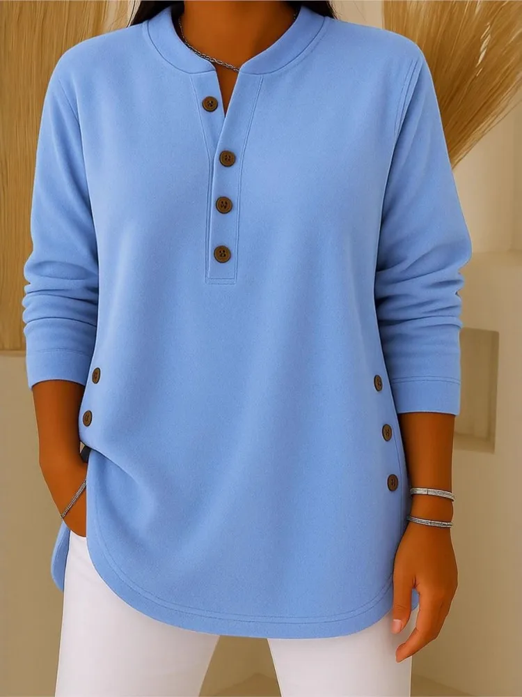Casual Solid T Shirt For Women Fashion O Neck Long Sleeve Button Pullover Tee Shirt Femme Holiday Women's Clothing Autumn New