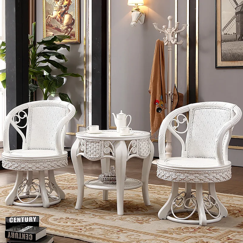 Balcony Real Rattan Table Chair Tea Table Combination White Solid Wood Rattan Tea Table Three-piece Set of Furniture