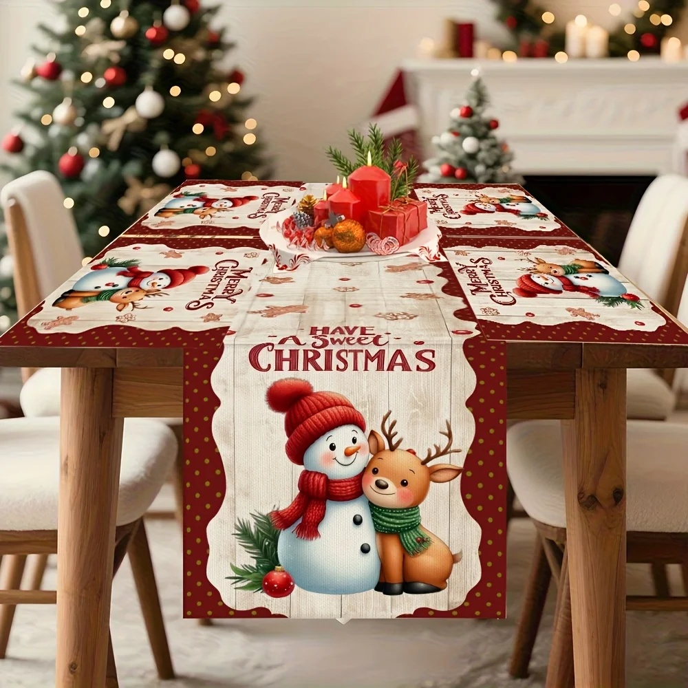 Christmas Gingerbread Snowman & Reindeer Table Runner and Placemats Red & White Fabric Holiday Table Decor Xmas Parties