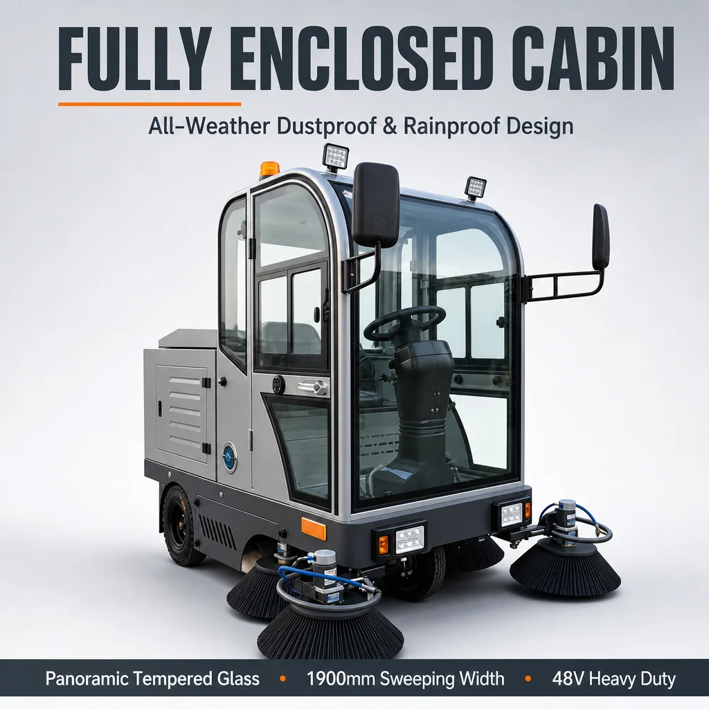Enclosed Cabin Electric Street Sweeper 5 Brushes 48V Battery Ride on Road Cleaning Machine with 80L Water Tank 1900mm Sweeper