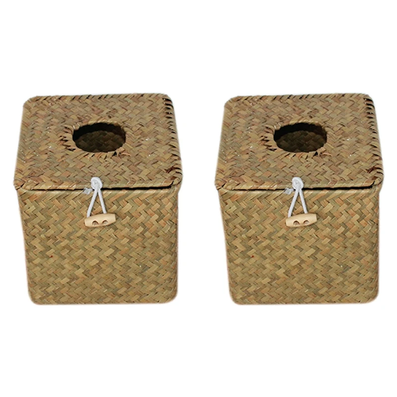 2 Pack Square Seagrass Facial Tissue Box - Decorative Woven Paper Holder Napkin Dispenser - Straw Tissue Box Cover