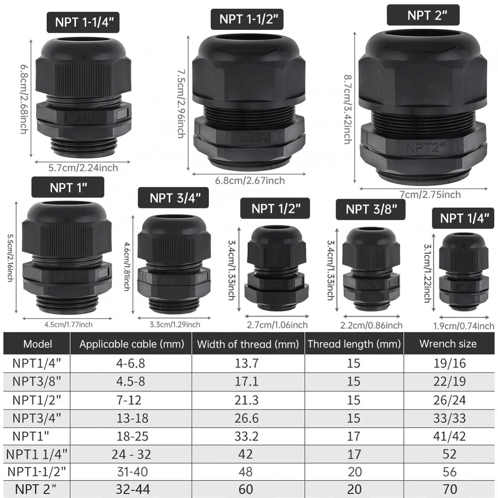 1/4-2 Inch NPT Cable Gland Nylon Cable Connector IP68 Waterproof Strain Relief Flame Retardant Connection Fixing Head
