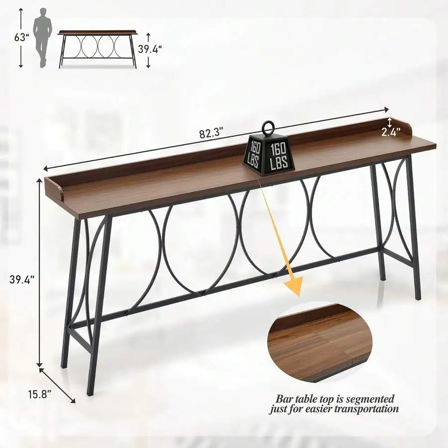 Narrow Long Counter Height Bar Table, Freestanding Industrial Kitchen Dining Table, Vintage Wood Grain Furniture With Back Rail
