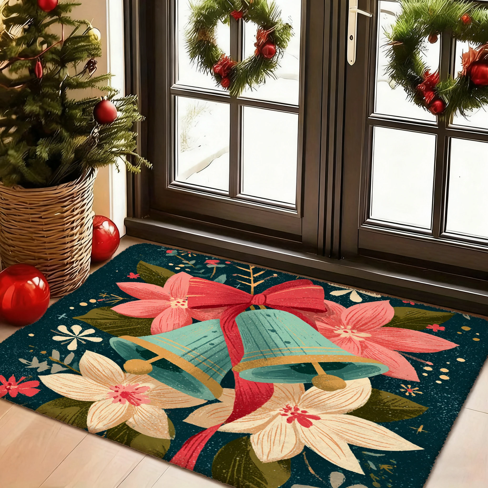 

Christmas-themed Small Rug with Bell and FlowersHome Decor Bedroom Living Room Entryway Floor Mat Kitchen Bathroom Carpet