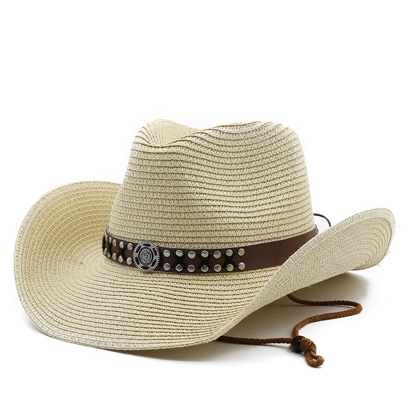 Neues Design Natur papier Western Cowboy Hut breite Krempe Frauen Männer Sommer Strand Strohhüte Panama Cowgirl Jazz Sonnen kappen