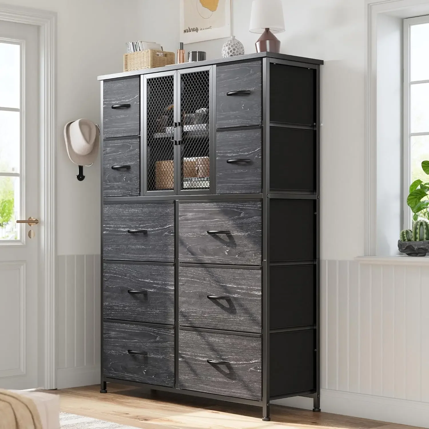 Dresser for Bedroom with Mesh Door Tall Dressers & Chests of Drawers with 10 Fabric Drawer Dresser Organizer,Meta