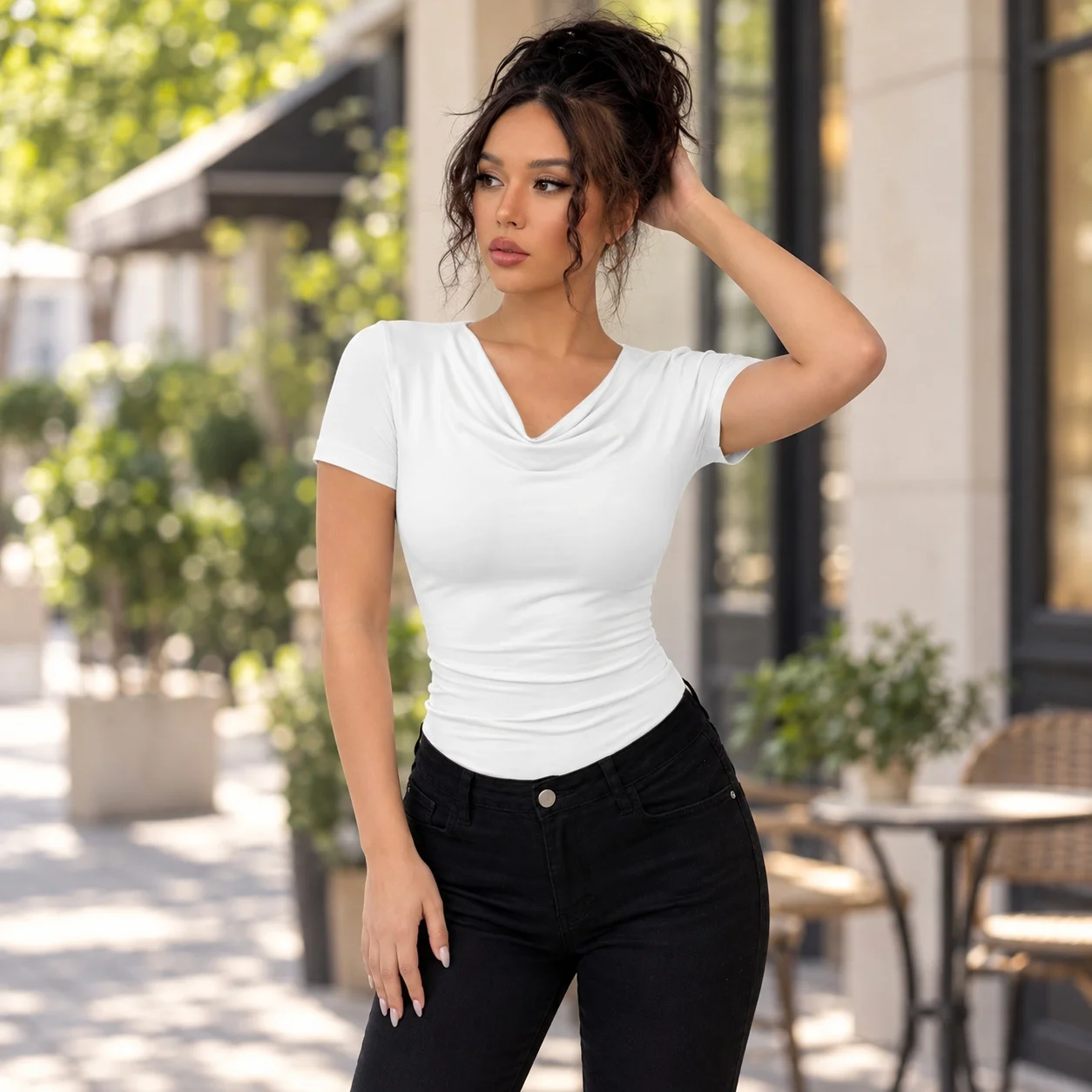Pleated Short Sleeve Top Fitted Streetwear with Fitted Silhouette Crew Neck Regular Length Elegant Pleated T Shirt for Women