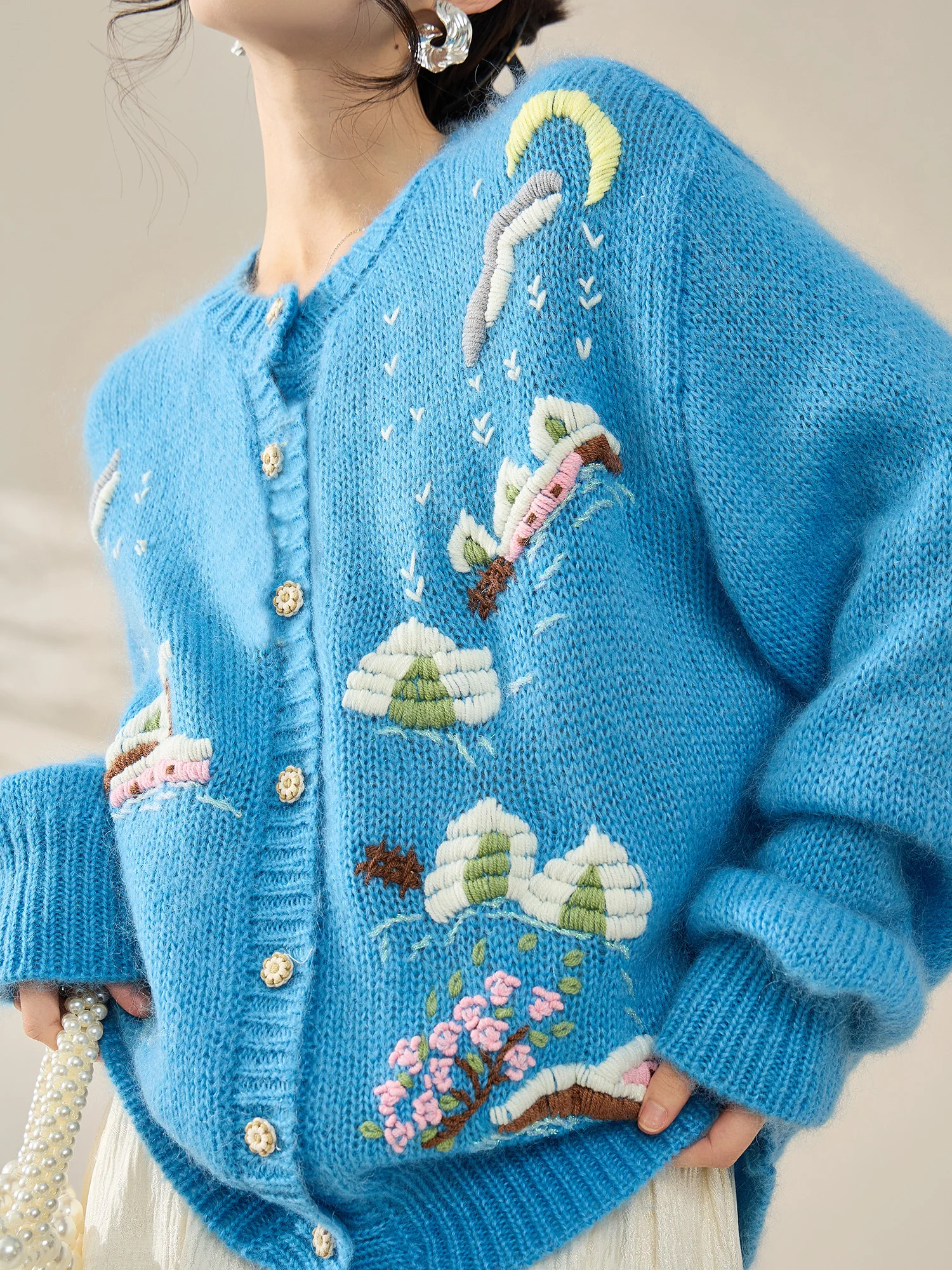 

Flowing Era Women's Knitted Open Cardigan round Ne Hook Flower Design Sweater Jaet Autumn Winter Faion Casual Comfortable