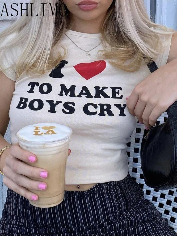 Women Y2k Crop Tops I Love To Make Boy Cry Letter Print Harajuku Summer T-Shirt Short Sleeve Funny Kawaii Streetwear Cropped Top