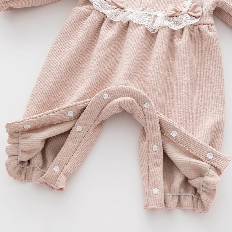 Autumn Winter Newborn Baby Girls Clothes Long Sleeve Fleece Warm Lace Flowers Jumpsuit Girls Rompers + Hats