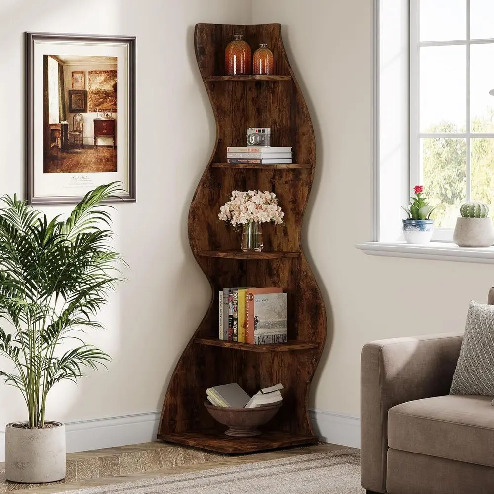 

5-Tier Curved Bookshelf, Plant Stand, Living Room Display Rack - Brown