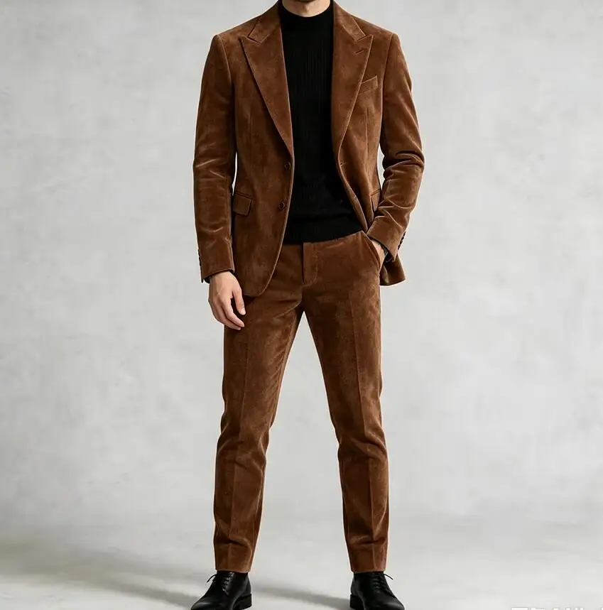 Classic 2 Piece Set Velvet Men Suits One Single Button Formal Party Suit Grooms Wedding Fitting Mens Formal Tuxedo Jacket Pants
