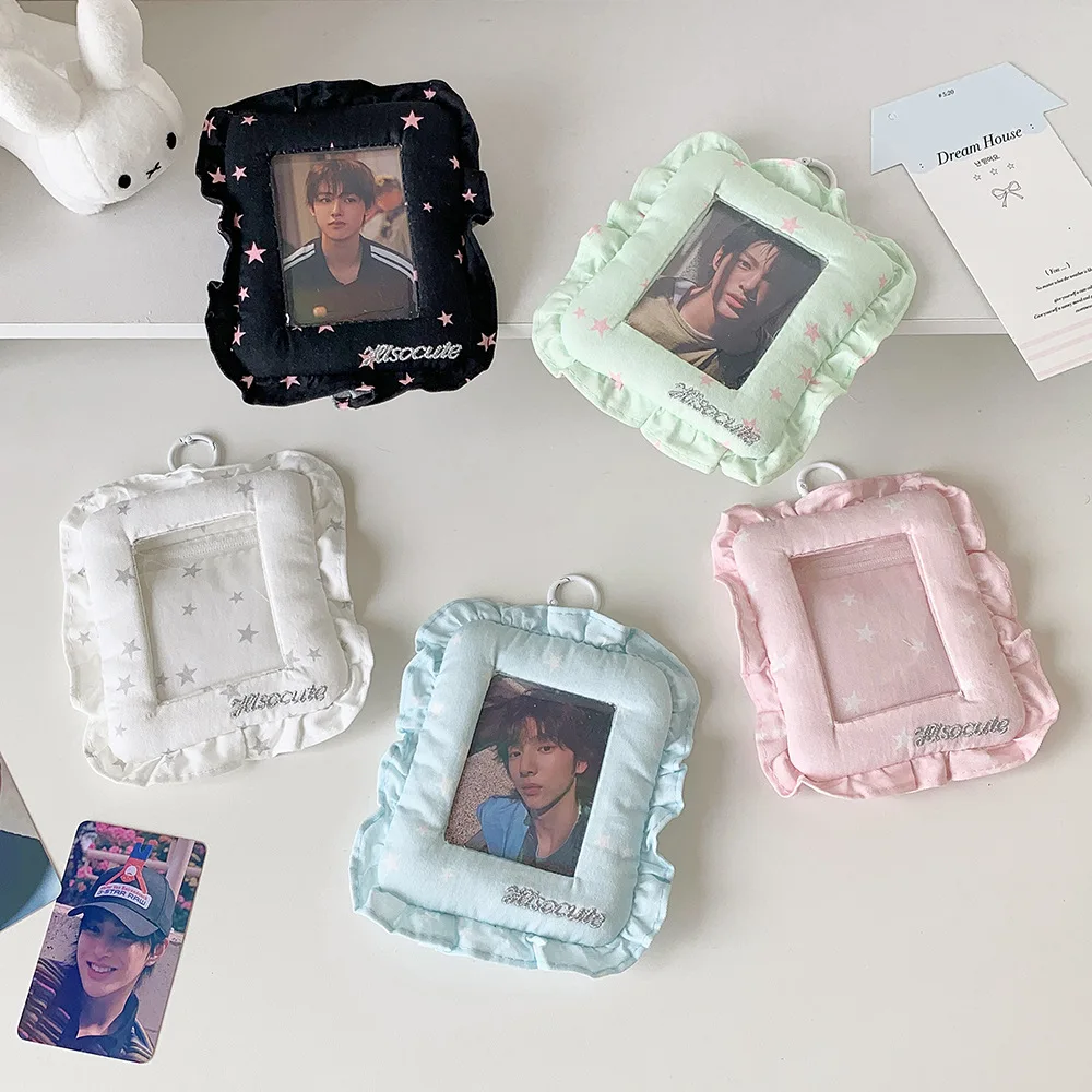 Women Star Print Card Holder Female Cute Ruffle Photo Frame Ladies Mini Keychain Pouch Sweet Idol Photocard Sleeve Bag Pack