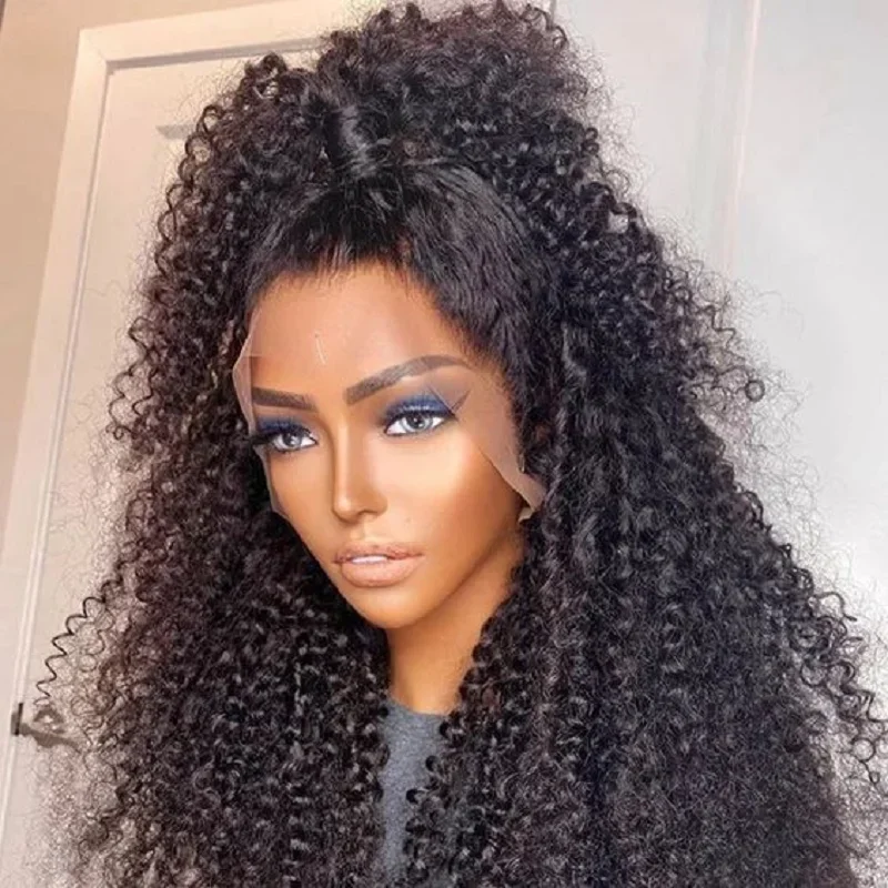 26 بوصة لينة 180 الكثافة طويل غريب مجعد طبيعي أسود عميق الدانتيل شعر مستعار أمامي للنساء Babyhair غلويليس قطعها يوميا