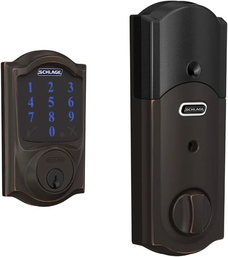 

SCHLAGE BE469ZP CAM 716 SCHLAGE Connect Smart Deadbolt With Alarm Inbuilt Camelot Trim In Aged Bronze.