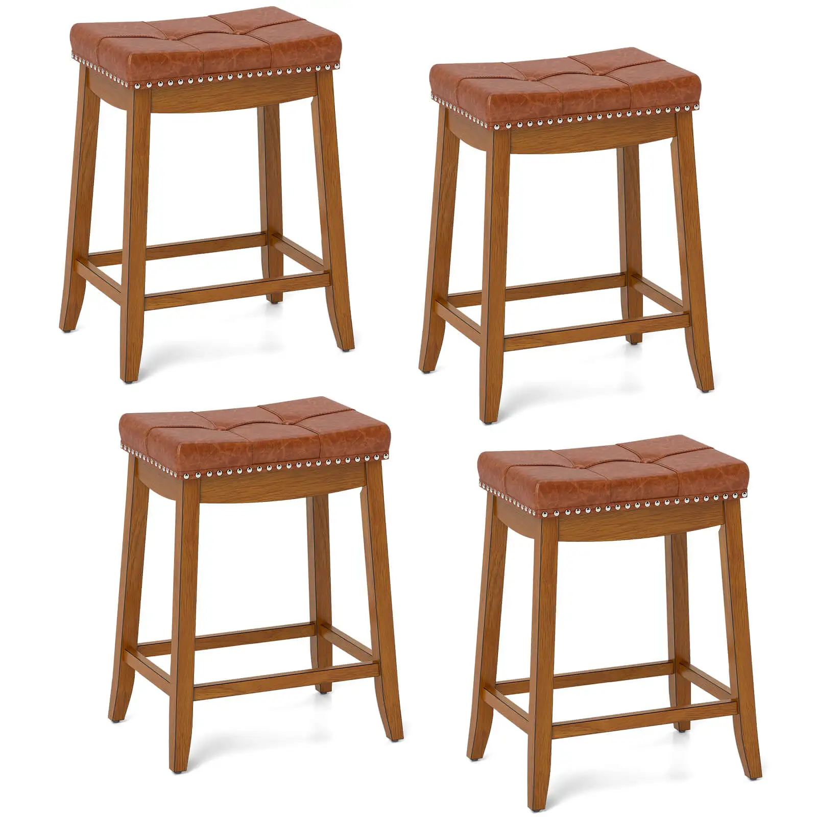 

Saddle Bar Stools Set of 4 w/ PU Leather Seat Solid Rubber Wood Frame Footrest