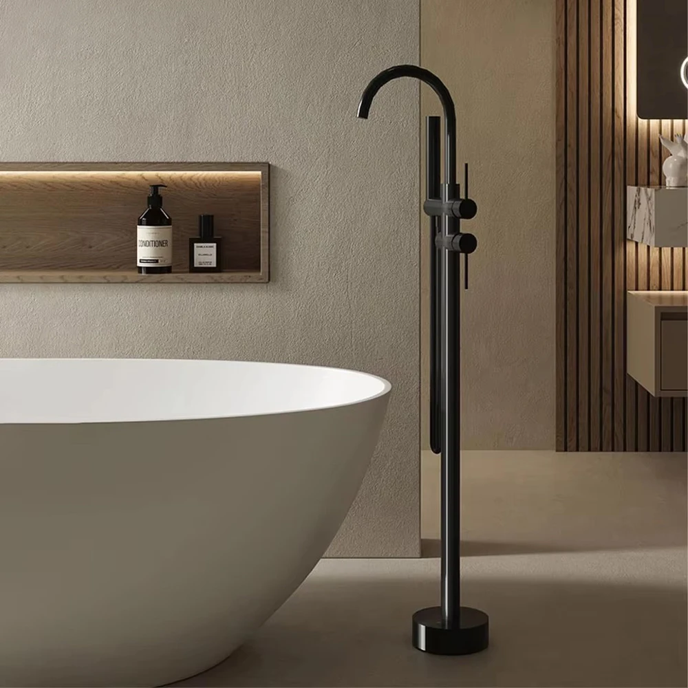 AITANA Luxury Black Brass Bathroom Faucet. Floor Standing Design With Simple 2 Handle Hot Cold Bathtub And Dual-Mode Faucet