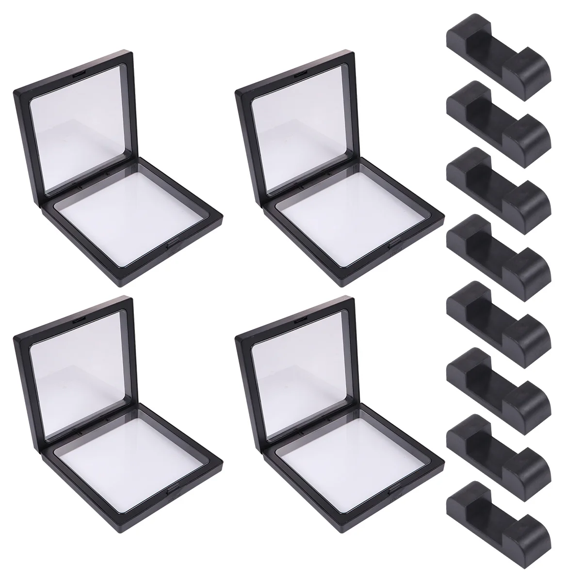 12pcs Clear Display Box Floating Holder For Jewelry Organizer Dustproof Storage Case Black 4 Boxes+8 Bases Pe Frame