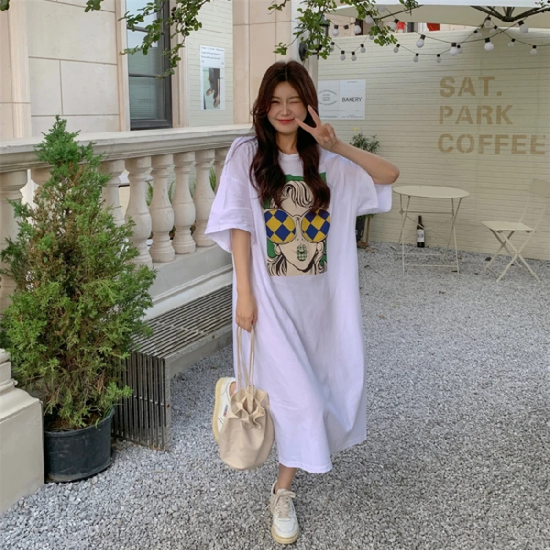 Abito t-shirt a maniche corte larghe Abito estivo da donna Nuovo stile Taglie forti Copri pancia Abiti a mezza manica soprabito a metà polpaccio