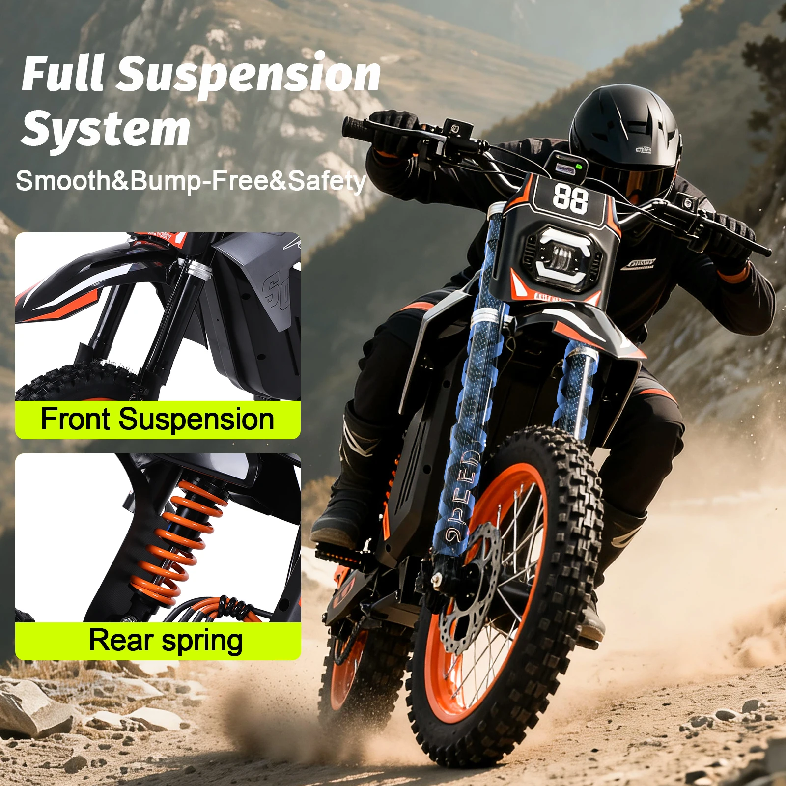 Electric Motorcycle for Adults, 3000W Motor, 48V 30Ah Battery, 34 MPH Top Speed, 31 Miles Range, 14 Inch Front and 12 Inch Rear Off-Road Tires, Hydraulic Disc Brakes, Front and Rear Suspension, Max Load 330 LBS