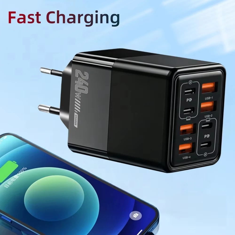 8 in 1 PD 240W Charger Fast Charging Phone Charger Power Adapter For iPhone Samsung Xiaomi Huawei EU/US/UK Plug Wall Charger