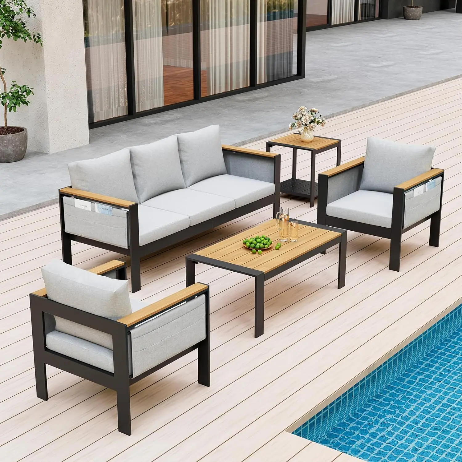 

5-Piece Aluminum Patio Outdoor Conversation Set, All Weather Patio Furniture Set with 3 Seater Sofa for Porch,White