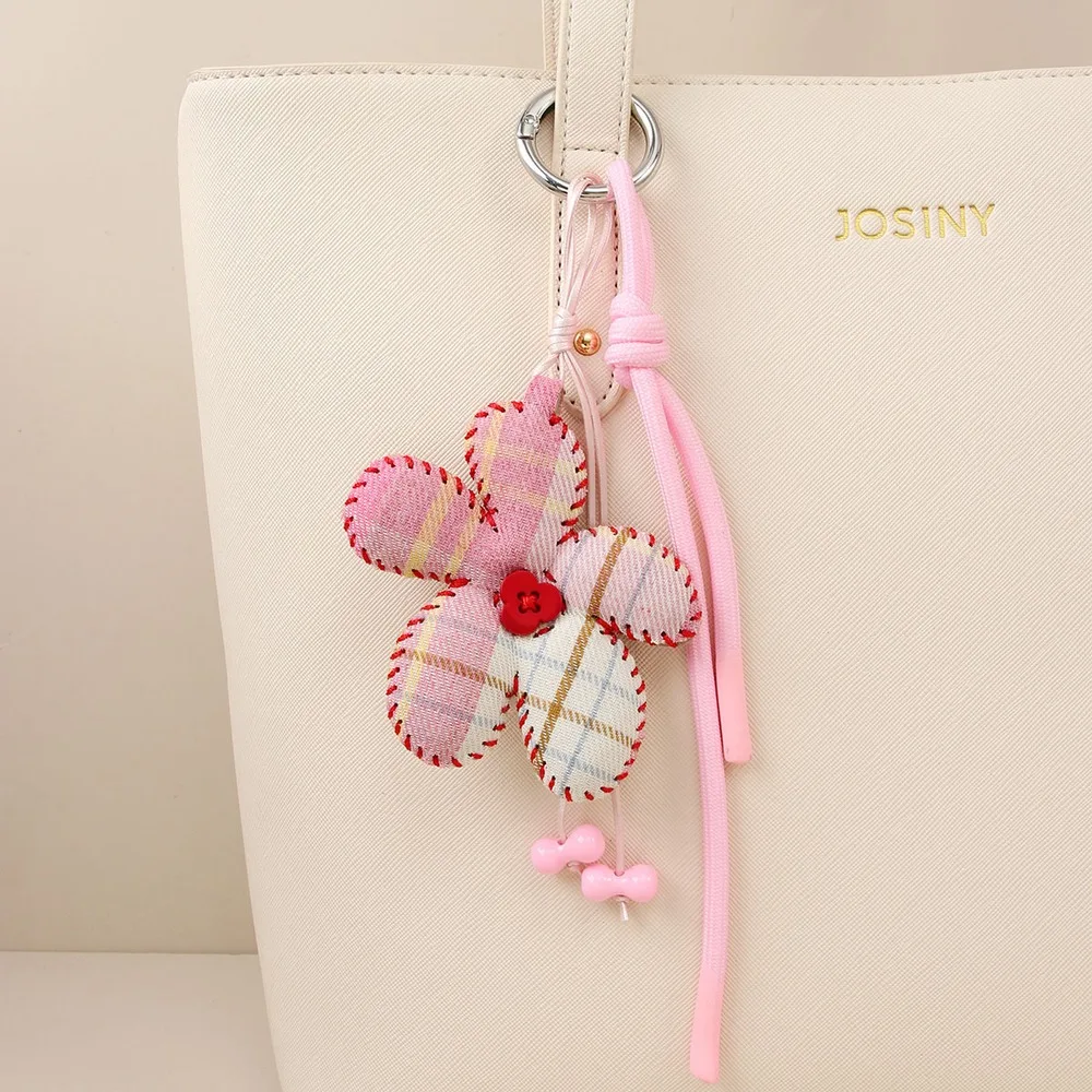 Flower Bag Charm Plaid Five Petal Long Cord Keychain Multicolor Cute Purse Handbag Backpack Tote Accessory For Women Girls Gift
